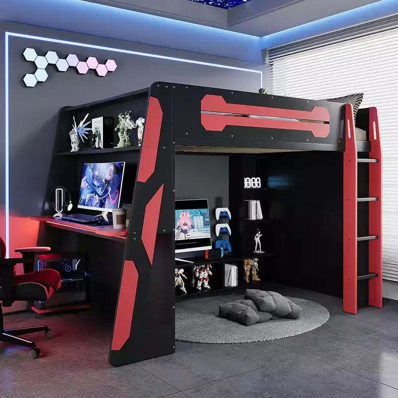 Bellemave Full Loft Bed with Desk, Storage Shelves, Light & Charging Station, Wood Gaming Bed for Teens & Adults, No Box Spring Needed