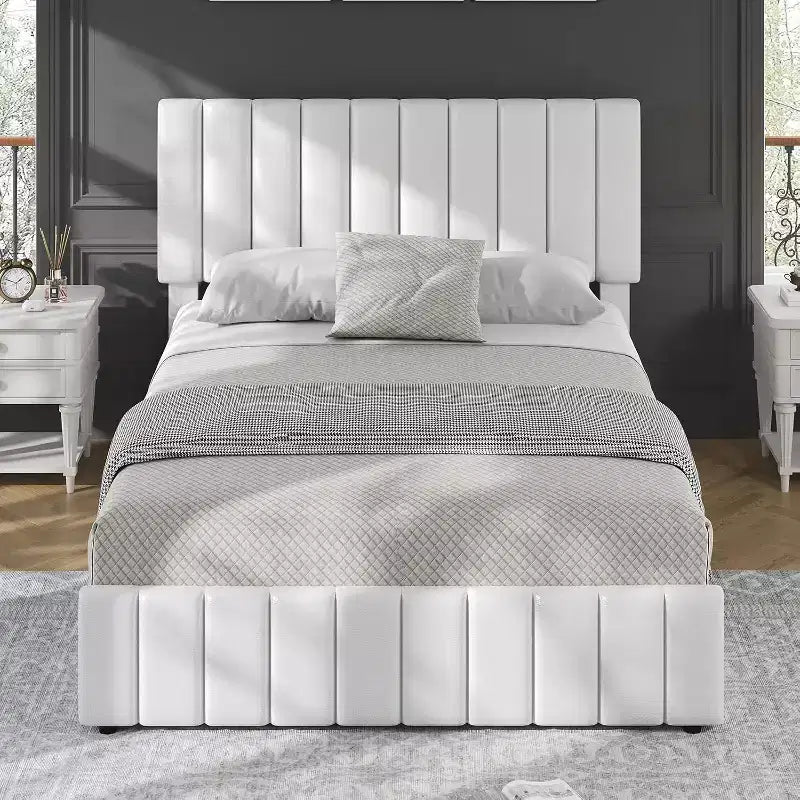 Queen Platform Bed with 4 Storage Drawers, Adjustable Headboard & Wood Slat Support, White PU Leather, No Box Spring