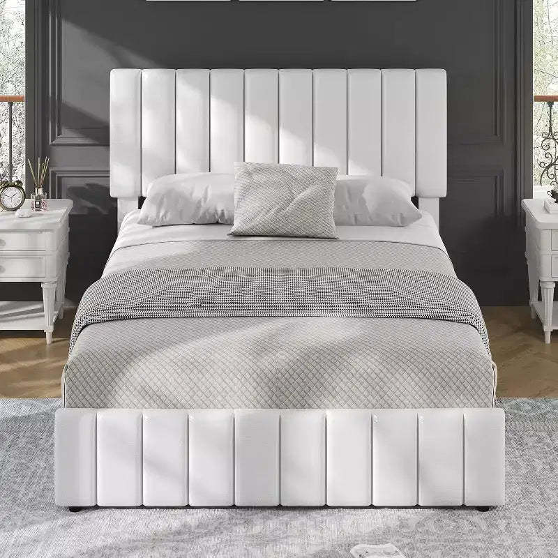 Queen Platform Bed with 4 Storage Drawers, Adjustable Headboard & Wood Slat Support, White PU Leather, No Box Spring