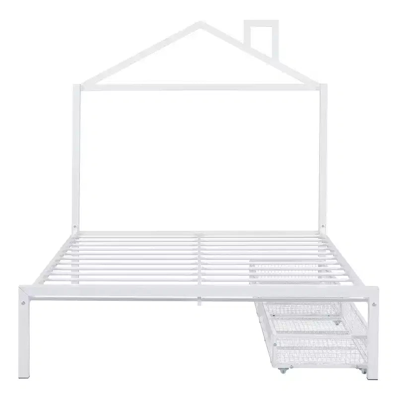 Bellemave Full Bed for Kids, Metal Full Bed with Drawer for Boys, girs, Full Bed Frame with House-Shaped Headboard, Full Size House Bed, White