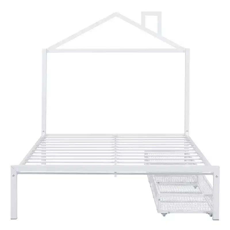 Bellemave Full Bed for Kids, Metal Full Bed with Drawer for Boys, girs, Full Bed Frame with House-Shaped Headboard, Full Size House Bed, White