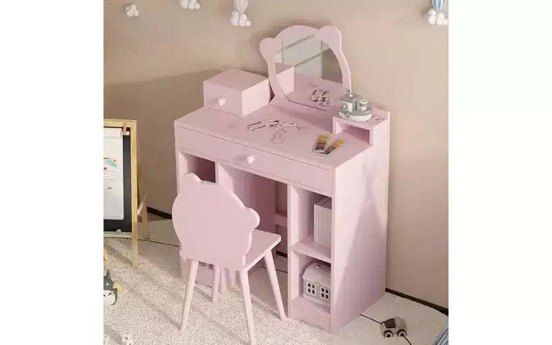 GustoWave Kids Vanity Set with Chair, 2-In-1 Princess Makeup Desk & Dressing Table for Toddler Girls, Pink Vanity,Storage Drawers & Shelves