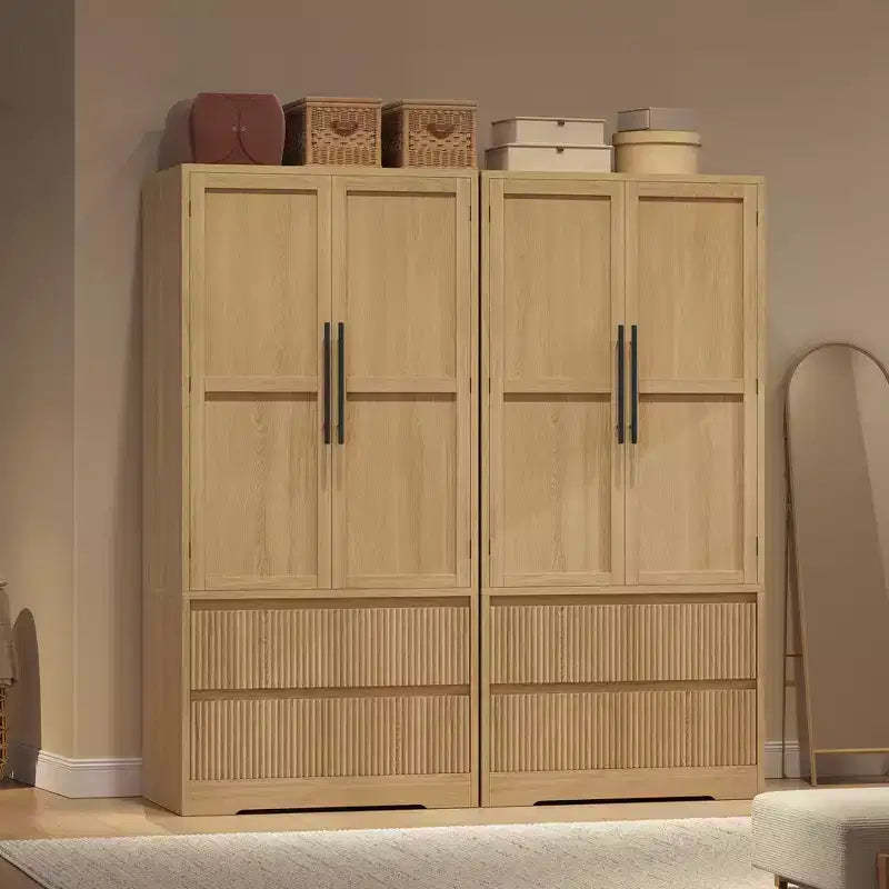 Tall Wardrobe Closet with Hanging Rod Drawers, 2-in-1 Storage Cabinet with Wood Doors for Bedroom, Large Capacity Organizer with Tip-Resistant Design
