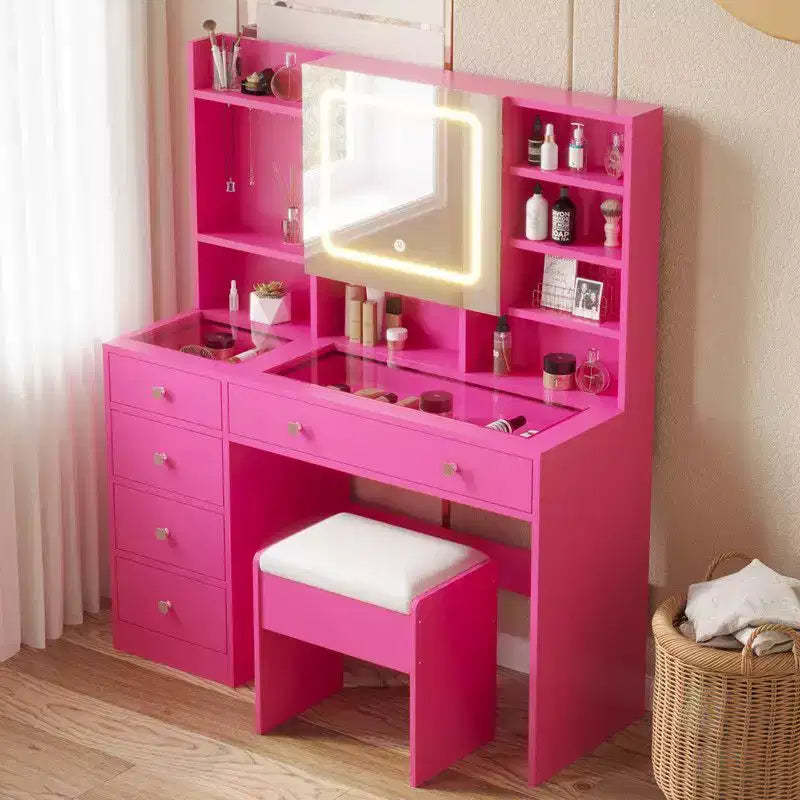 Barbie Pink Particle Board Tempered Glass Tabletop Laminated with Textured Melamine 5-Drawer Dressing Table Set