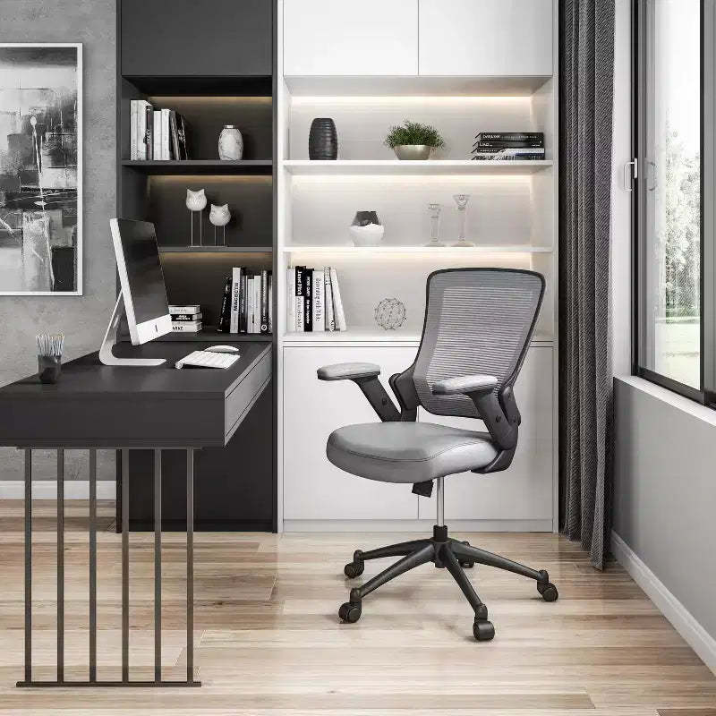 Okak Mid-Back Office Chair, Upholstered Desk Chair with Adujustable Arms and Wheels, Mesh Computer Chair for Study, Reading Room