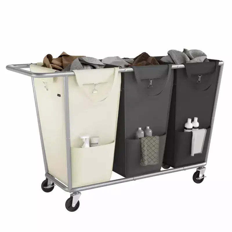 3-Section Laundry Basket with Wheels, Removable Bags, Steel Frame, 76.6 Gallons (290 L), White, Gray, and Black