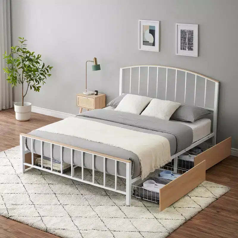 Full/Queen Metal Platform Bed Frame, Headboard & Large Storage, No Box Spring, White
