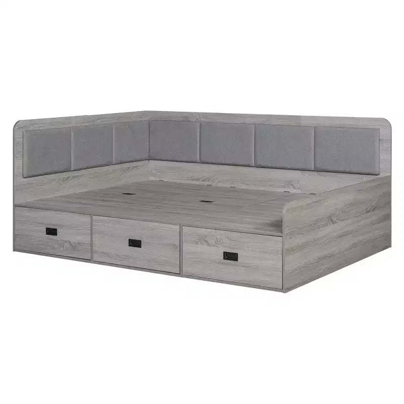 Bellemave Full Size L-Shaped Daybed with Storage, Upholstered Backrest, 3 Drawers & Shelves, Sofa Bed for Living Room or Bedroom, Grey