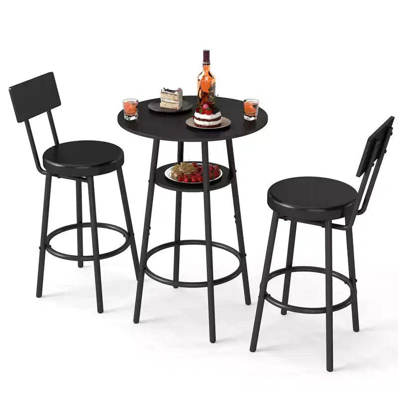 Zevemomo 3 Pieces Round Bar Table Set, Small Dining Table for 2, with Storage,2 Thickened Cushion Stools with Backrest for Dining Room & Bistro-Black