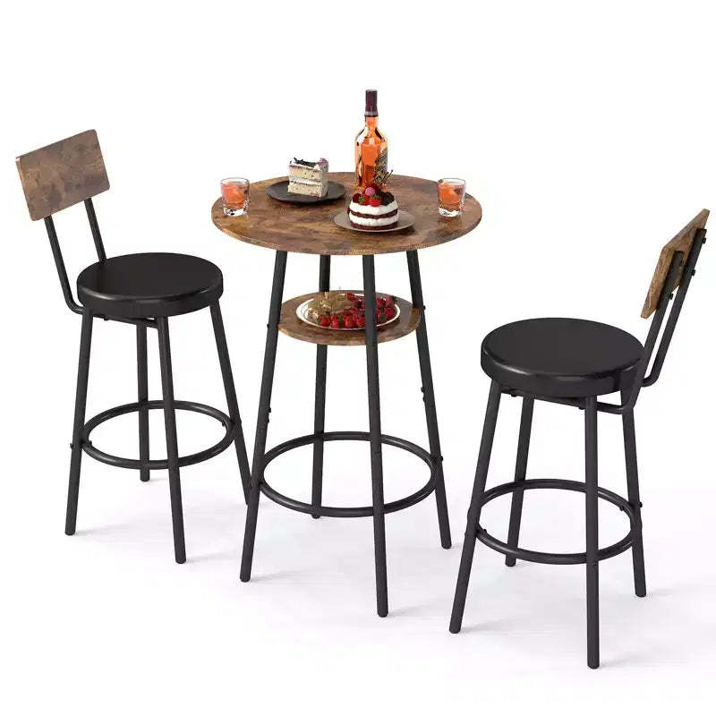 Zevemomo 3 Pieces Round Bar Table Set, Small Dining Table for 2, with Storage, 2 Thickened Cushion Stools with Backrest for Dining Room, Bistro-Brown