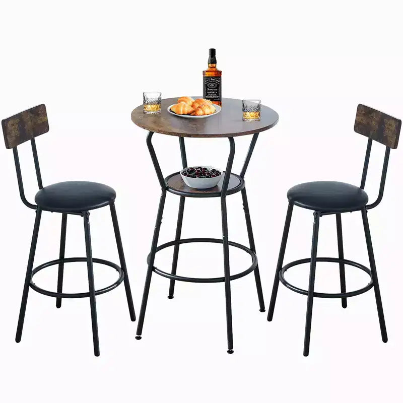 Zevemomo 3-Piece Round Bar Table and Chair Set, Small Dining Table for 2, with 2 Upholstered Stools,for Kitchen, Dining Room & Bistro-Rustic Brown