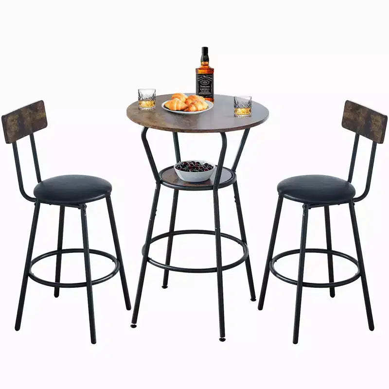 Zevemomo 3-Piece Round Bar Table and Chair Set, Small Dining Table for 2, with 2 Upholstered Stools,for Kitchen, Dining Room & Bistro-Rustic Brown