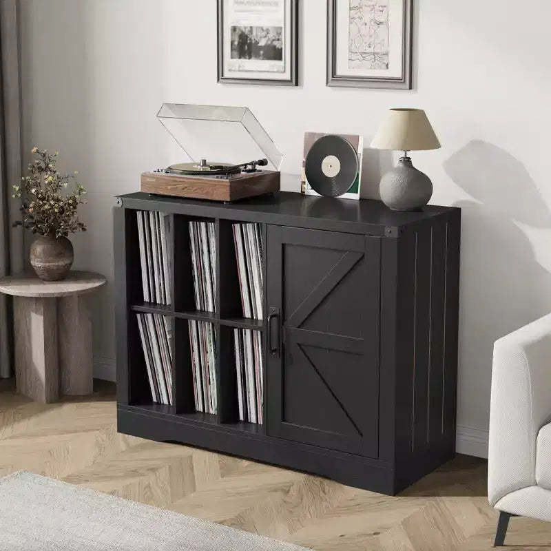 Modern Record Player Stand, Farmhouse Turntable Storage Cabinet with Barn Door, Wooden Vinyl Storage Console for Living Room, Black
