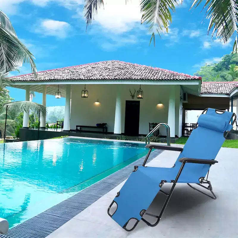 Premium Folding Chaise Lounge - Deluxe Sun Lounger 8-Position Adjustable Outdoor Recliner with Padded Headrest, Lightweight & Portable