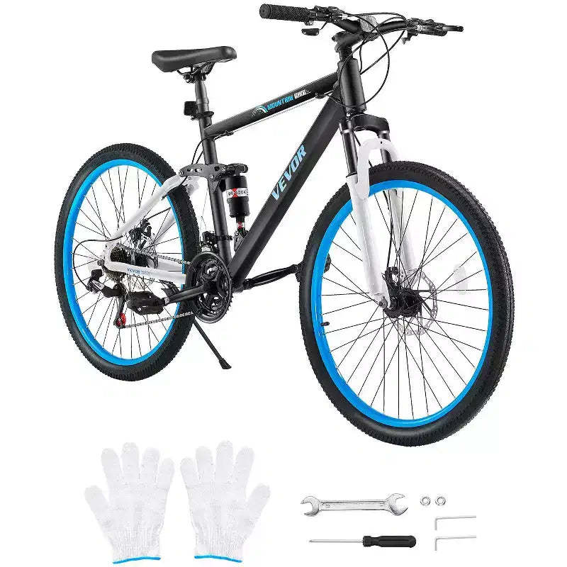 VEVOR Mountain Bike, 26-inch MTB Bicycle with Full Dual Suspension, 21-Speed Twist Shifter,Dual Disc Brakes, Aluminum Alloy Frame , Black&Blue