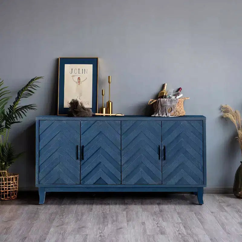 Okak Vintage Buffet Cabinet, Storage Cabinet with 4 M-Shaped Panel Doors and Solid Wood Base, Accent Cabinet for Dining Room, Living Room