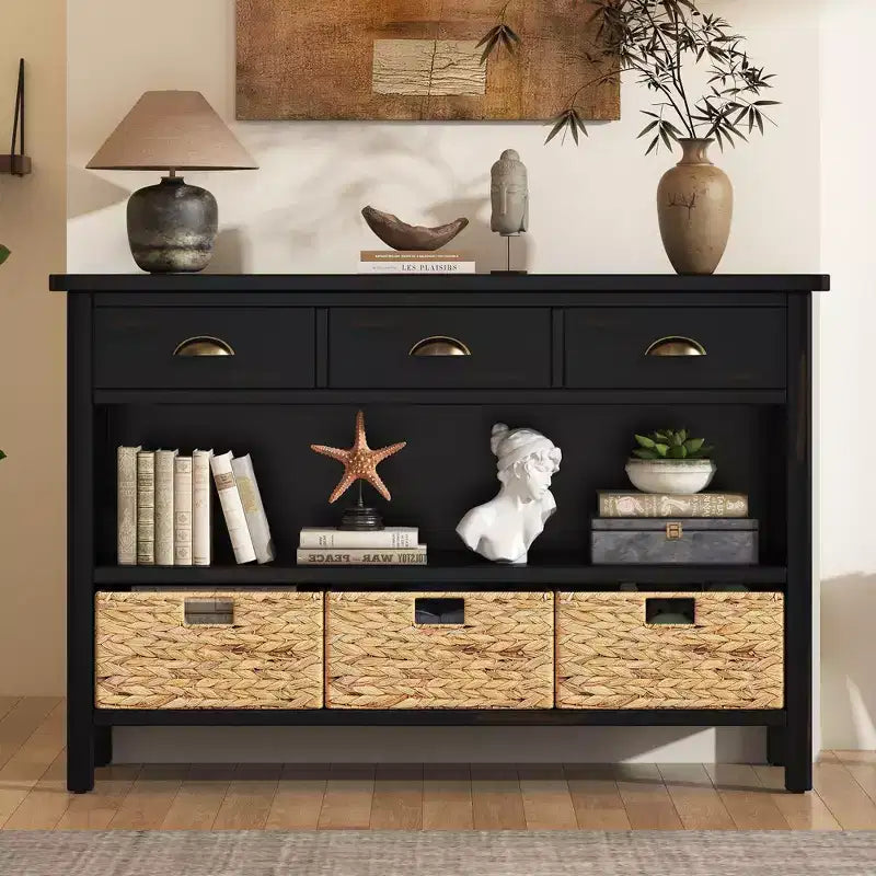 Okak Retro Console Table, Buffet Cabinet with 6 Storage Drawers and 1 Open Shelf, Storage Cabinet for Living Room, Entryway, Hallway