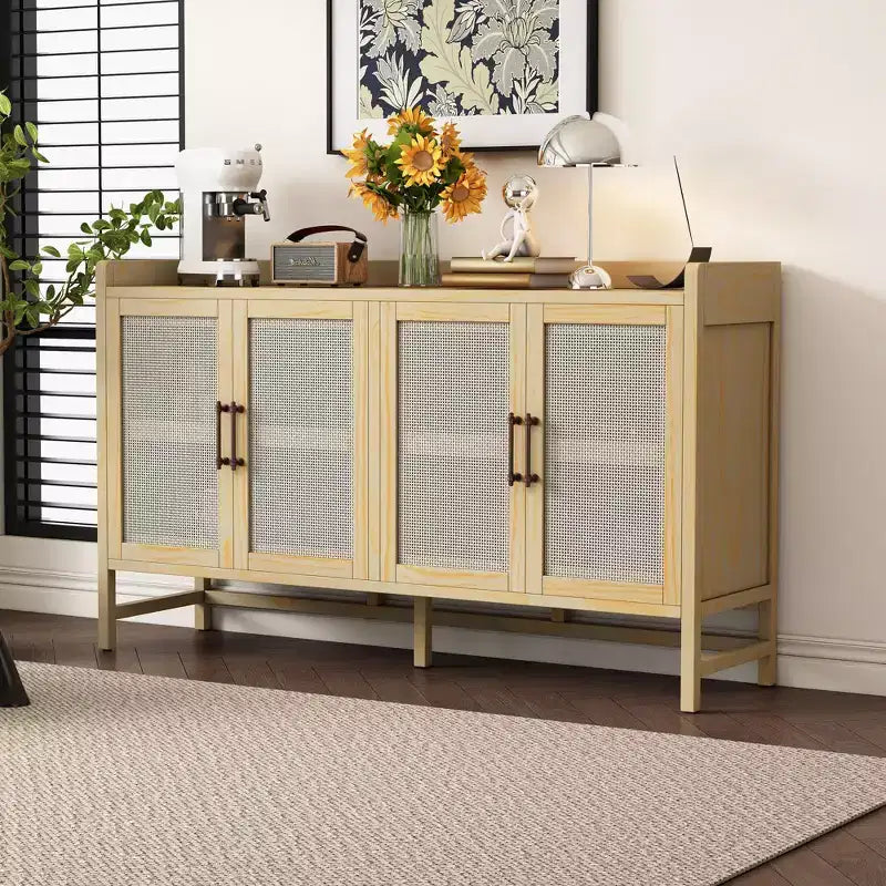 Okak Buffet Cabinet, Sideboard Cabinet with 4 Decorative Rattan Doors, Storage Cabinet for Entryway, Dining Room, Kitchen, Living Room