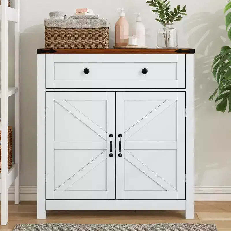 Okak Modern Storage Cabinet, Kitchen Cabinet with Walnut Countertop and Adjustable Shelf, Bar Cabinet for Kitchen, Dining Room, Entryway