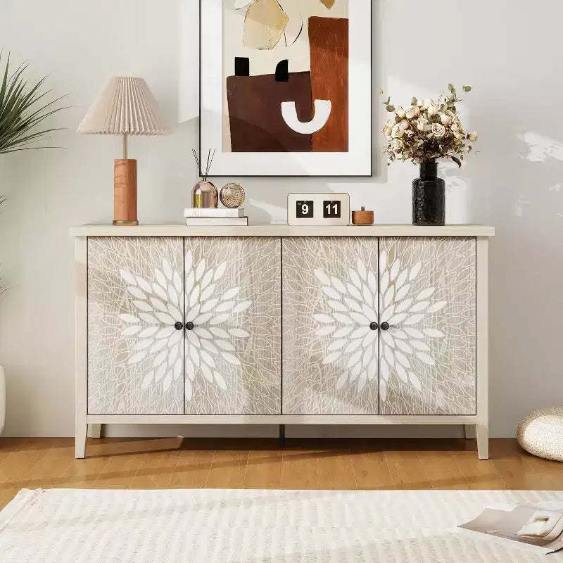 Okak Modern Accent Cabinet, Sideboard Cabinet with Four Carved Patterns Doors, Storage Cabinet for Kitchen, Dining Room, Entryway