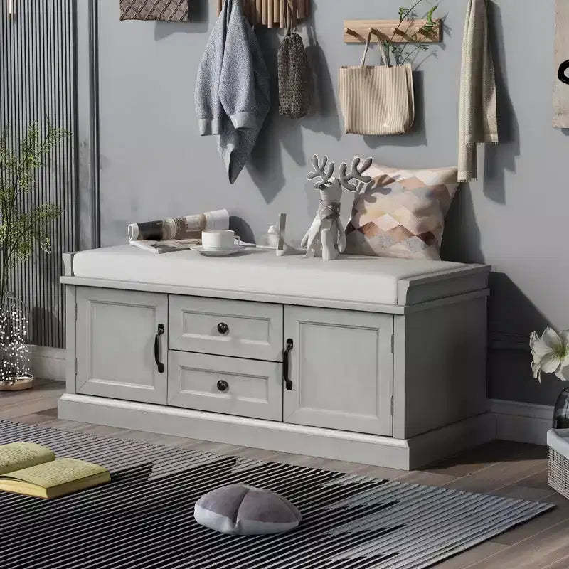 TUYOHW Storage Bench with 2 Drawers and 2 Cabinets, Shoe Bench with Removable Cushion for Living Room and Entryway, Gray Wash