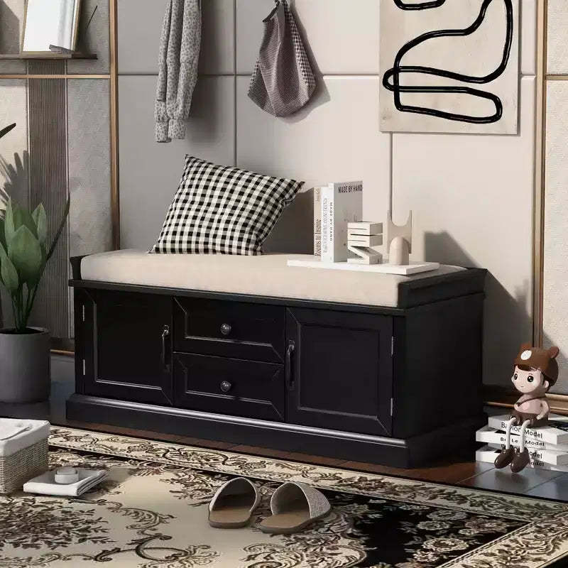 TUYOHW Storage Bench with 2 Drawers and 2 Cabinets, Shoe Bench with Removable Cushion for Living Room and Entryway, Black