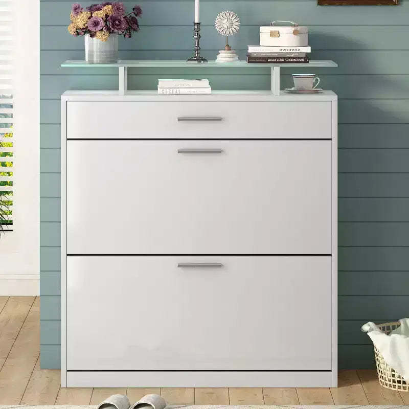 Okak Slim Shoe Cabinet, Freestanding Shoe Organizer with 2 Flip Drawer and 1 Sliding Drawer, Shoe Storage Cabinet for Entryway, Living Room