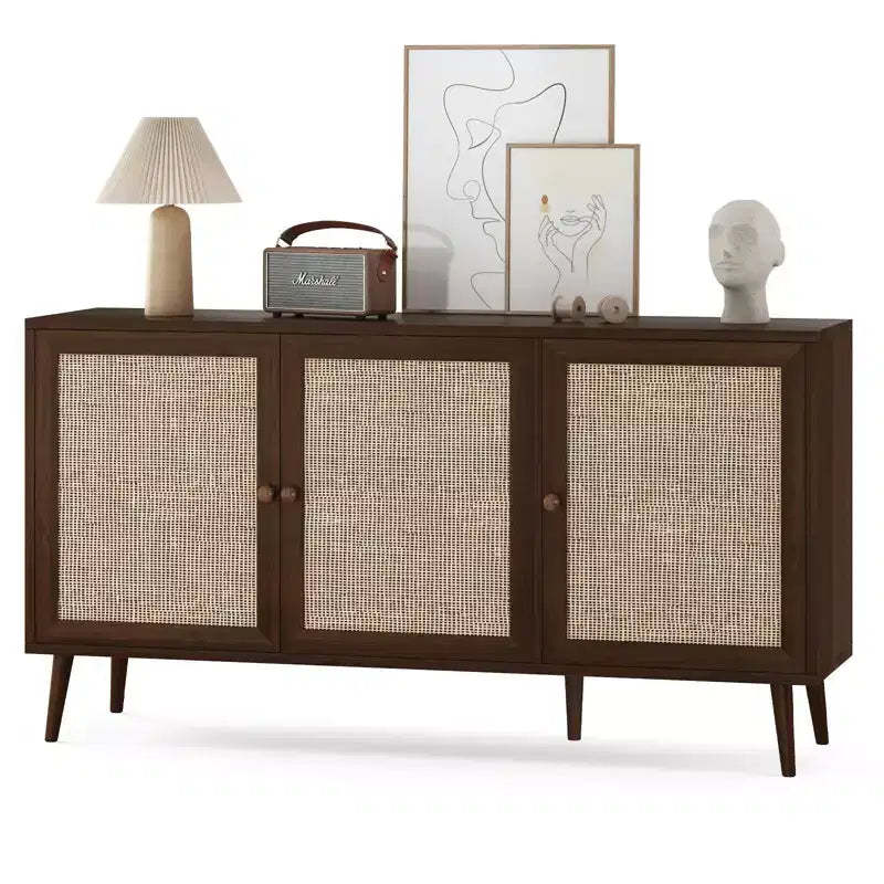 PexFix Side Panel Cabinet With 3 Rattan Doors Kitchen Storage Cabinet Modern Adjustable Legs