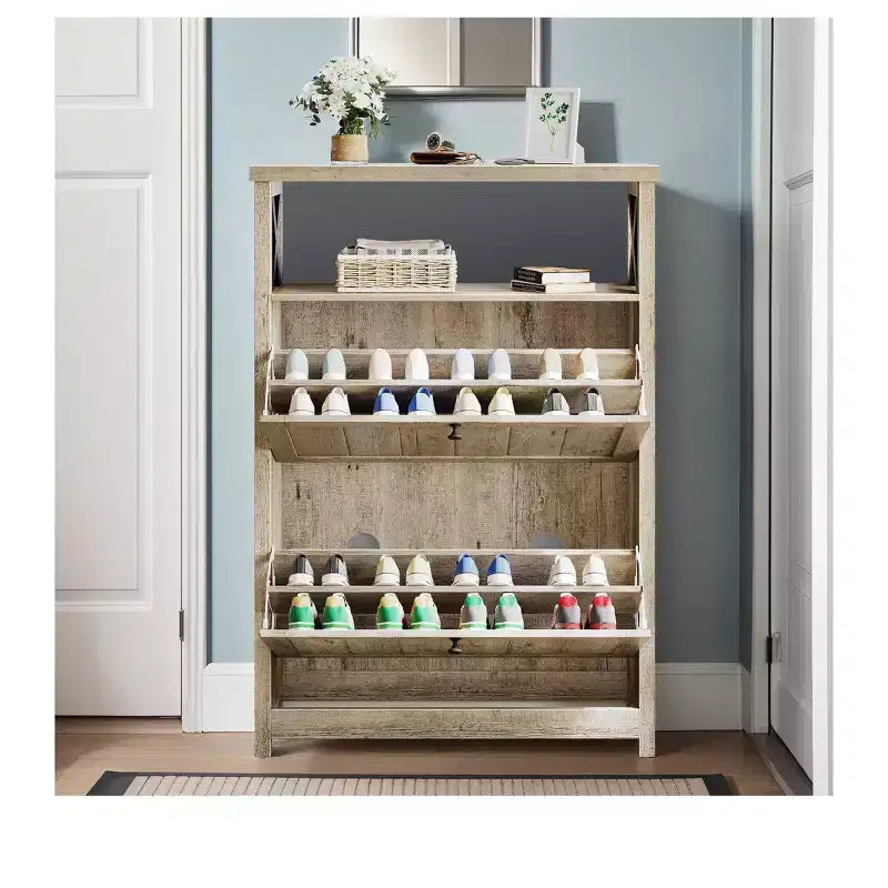 Entryway Shoe Storage Cabinet with 2 Flip Drawers & Open Shelves Free Standing