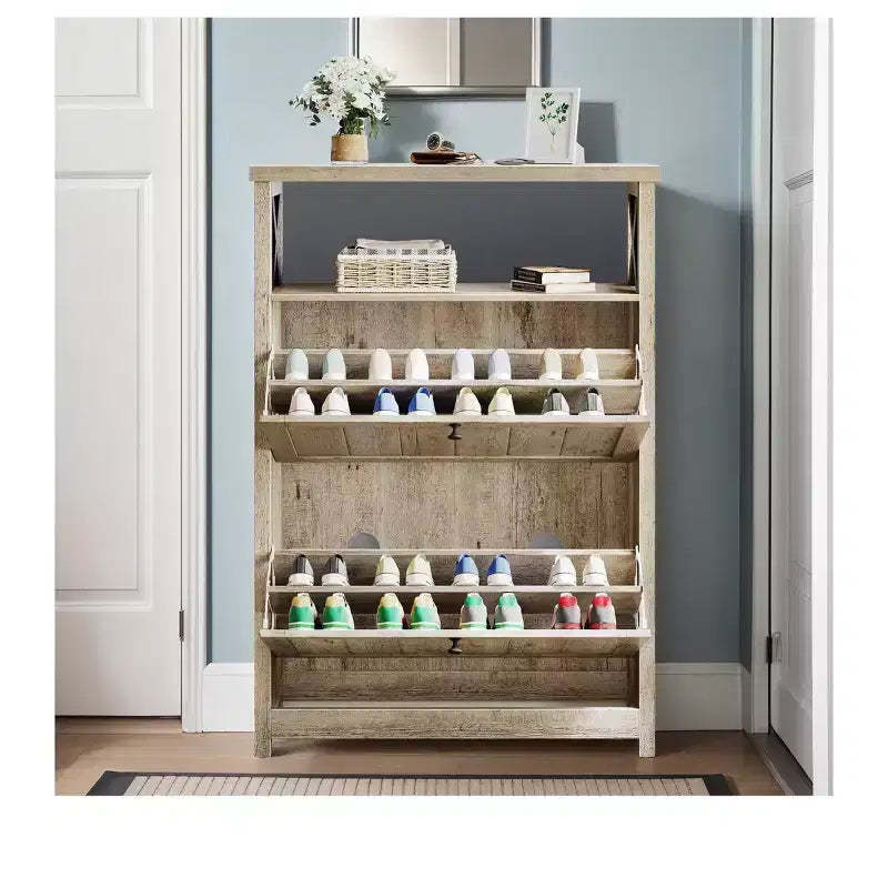 Entryway Shoe Storage Cabinet with 2 Flip Drawers & Open Shelves Free Standing