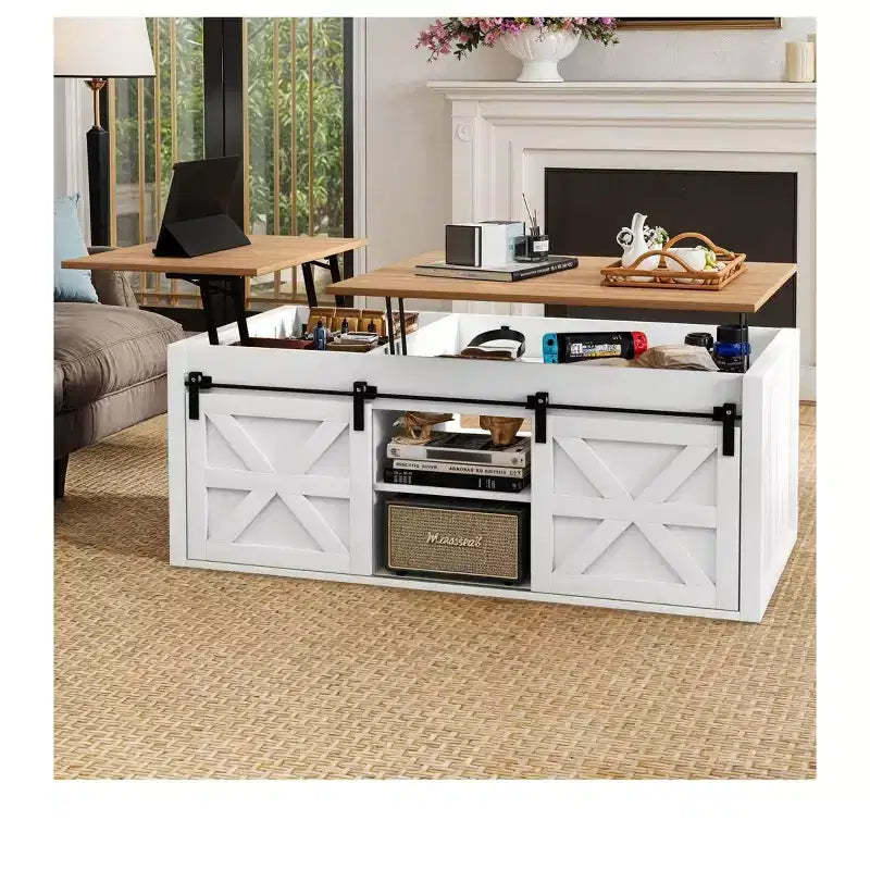 Lift Top Coffee Table 48 inch Farmhouse with Sliding Barn Door Space Saving Living Room Tables