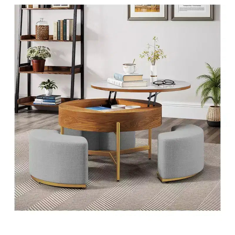 Round Lift Top Coffee Table With Storage Hidden Compartment with 3 Stools Modern Coffee Table With Stone Tabletop For Living Room