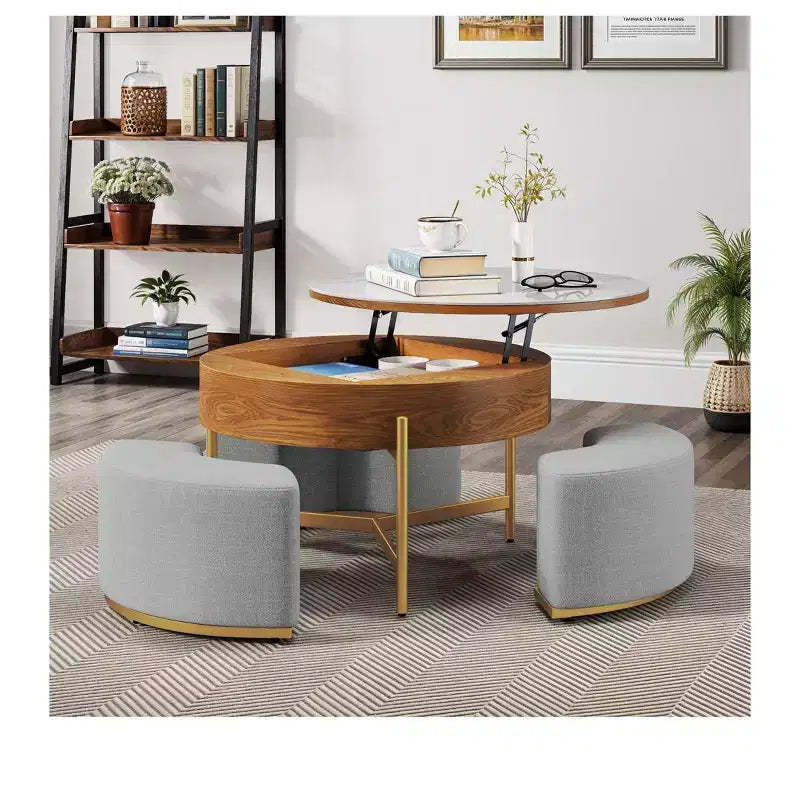 Round Lift Top Coffee Table With Storage Hidden Compartment with 3 Stools Modern Coffee Table With Stone Tabletop For Living Room