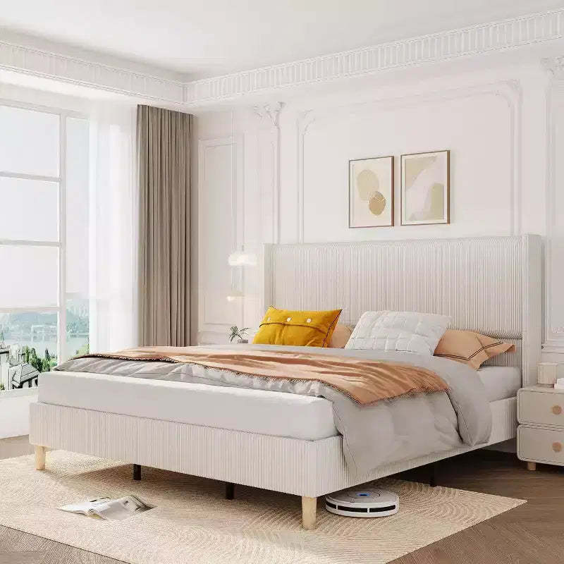 Corduroy Upholstered Platform Bed with Wingback Headboard, Wood Slats, No Box Spring Needed