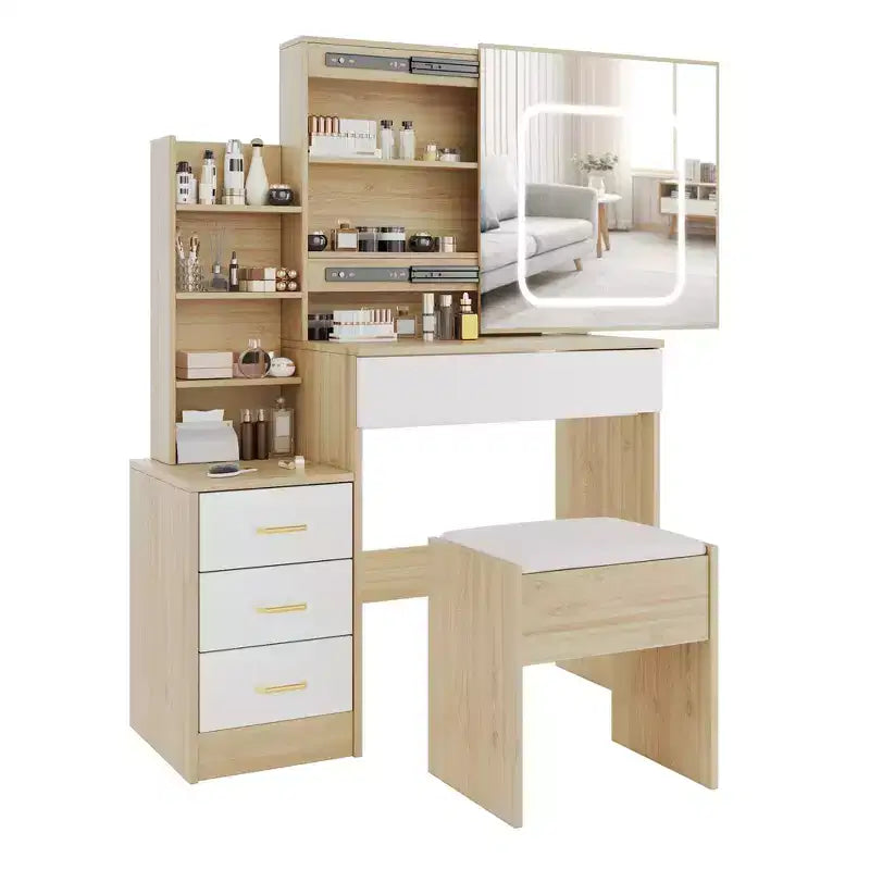Makeup Vanity Desk with Mirror, Vanity Table and Chair Set, 3 Color Modes Adjustable, Multi-Layer Shelves and Drawer Storage, for Bedroom