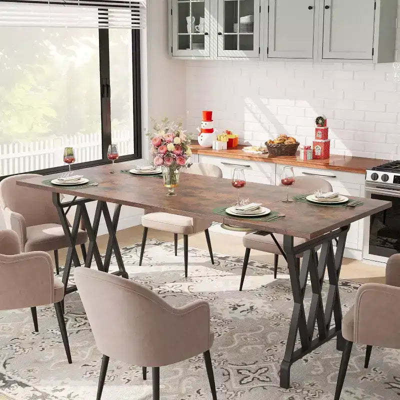 6-person Dining Table, 71 Rectangular Dining Table with X-shaped Metal Legs and Wooden Tabletop, Kitchen Dining Table for 6-8 People