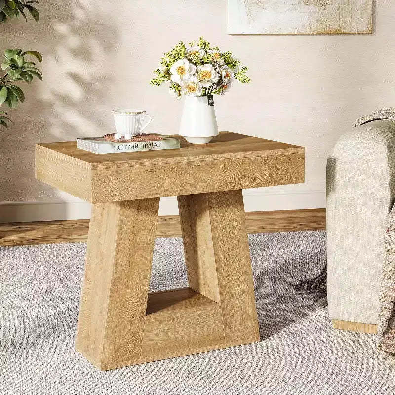 Lantine 24 Wooden Side Table for Living Room, 2-Tier End Table with Trapezoid Base, Small Farmhouse Nightstand for Bedroom