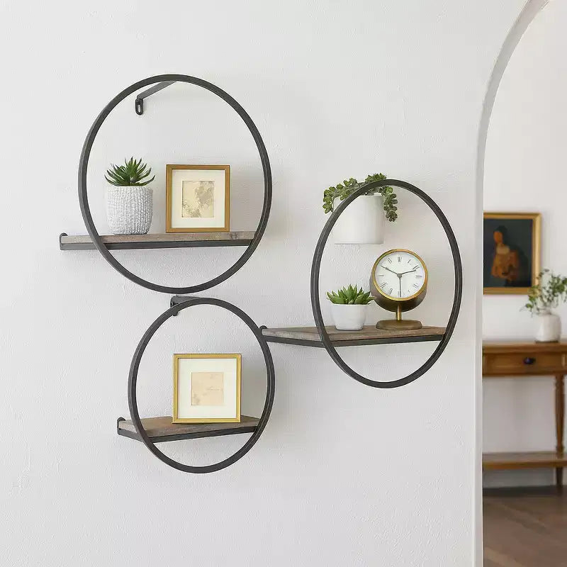 Set of 3 Rustic Wall Storage Unit - Metal & Wood Circular Floating Shelves - Decorative Wall Mounted Organizer for Home, Office, Bedroom, Living Room