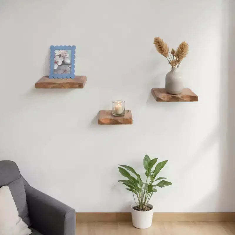 Floating Wall Shelves - Solid Mango Wood Rustic Wall Mounted Storage Shelves for Home & Office Decor - Casual Style Display for Bedroom, Living Room