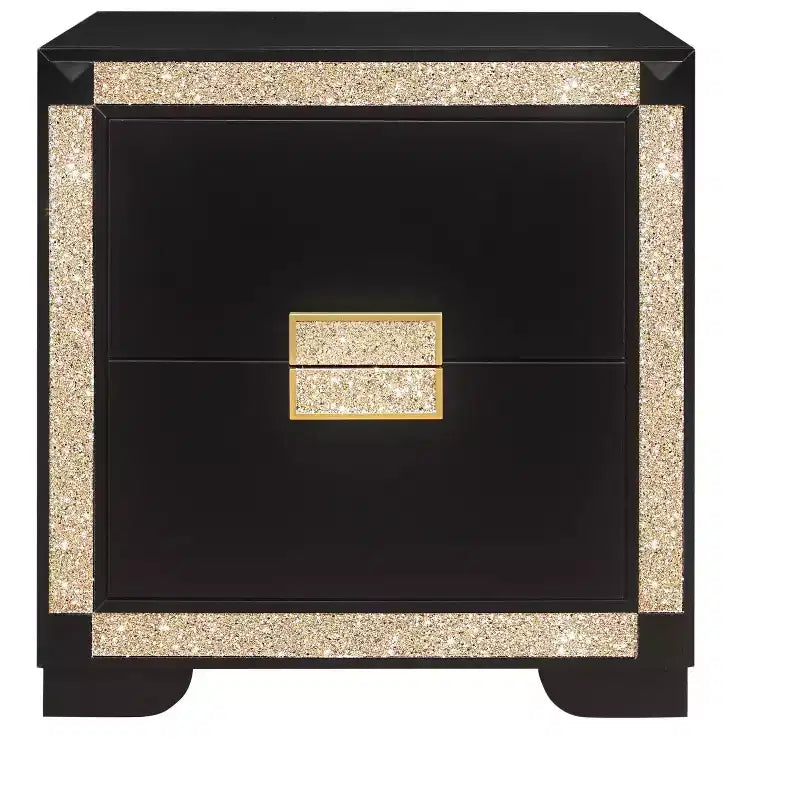 HomeRoots 26 Black and Gold Two Drawer Faux Crystal Bling Wood Nightstand
