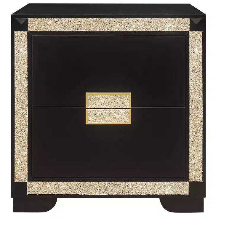 HomeRoots 26 Black and Gold Two Drawer Faux Crystal Bling Wood Nightstand
