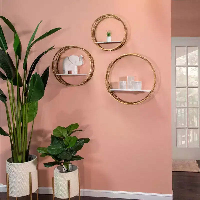 Modern Metal Wall Storage Shelves - Round Floating Display Shelves with Iron Frame & Wood Shelf - Home, Office, Room Decor - Set of 3, White