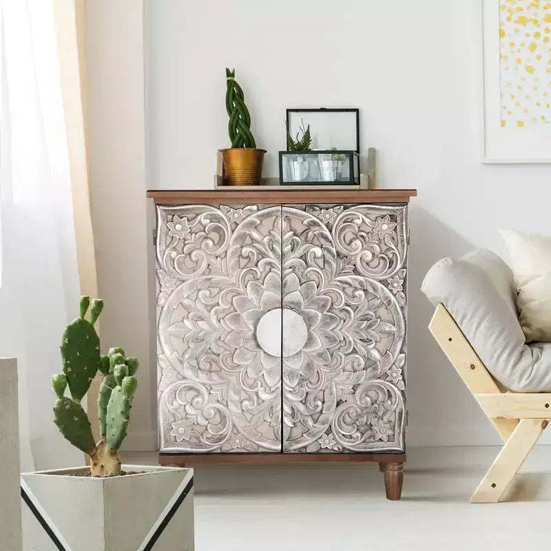 Captiva Designs Antique Silver Carved Floral Buffet Cabinet with Doors for Living Room, Entryway