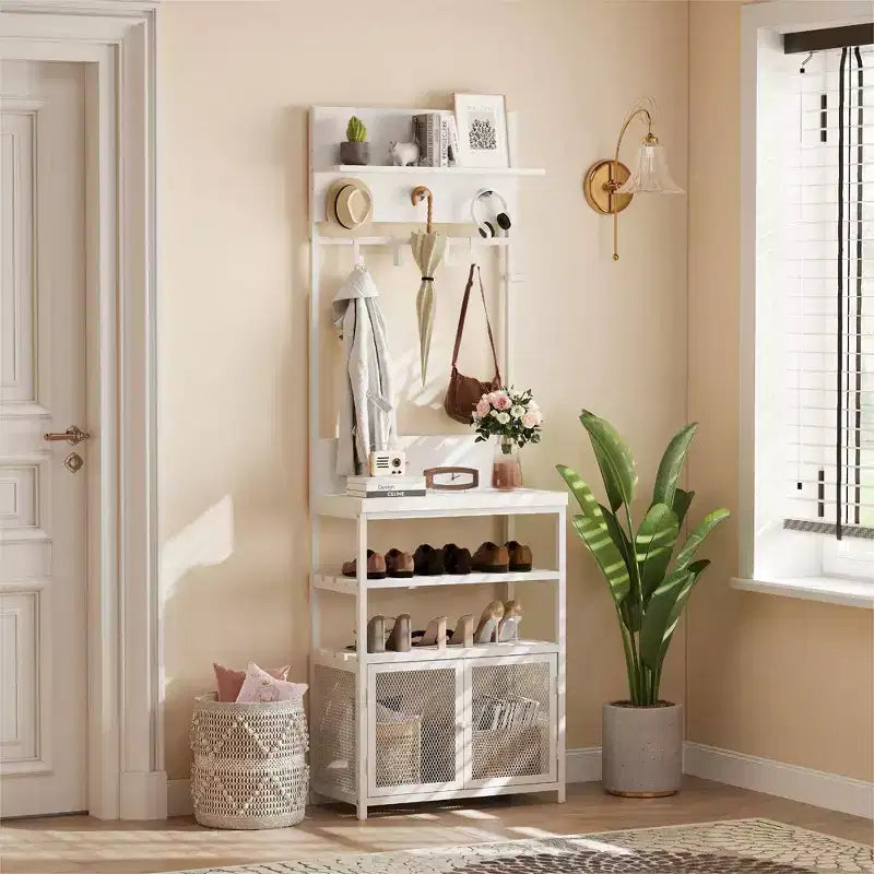 31.5 Hall Tree Entryway Table with Coat Rack, Console Table with 2-Tier Storage Shelves, Shoe Rack Organizer, 7 Hooks & Mesh Cabinet for Foyer/Door