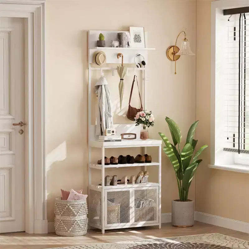 31.5 Hall Tree Entryway Table with Coat Rack, Console Table with 2-Tier Storage Shelves, Shoe Rack Organizer, 7 Hooks & Mesh Cabinet for Foyer/Door