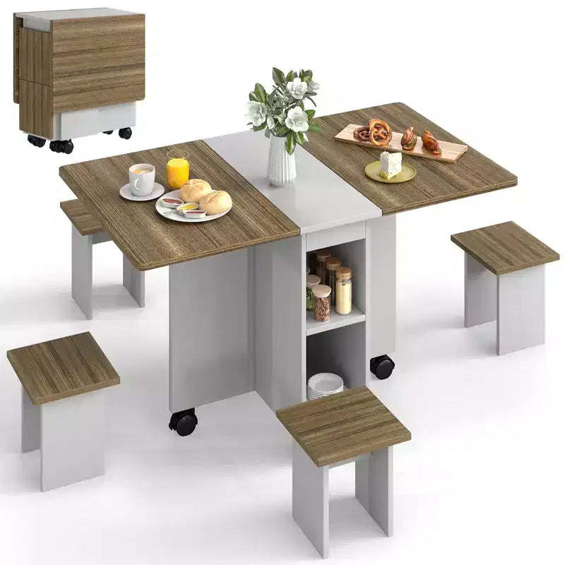 Zevemomo Folding Dining Table with 4 Chairs,with Storage & Wheels C 5-Piece Foldable Kitchen Table for Dining Room, Small Spaces & Apartment