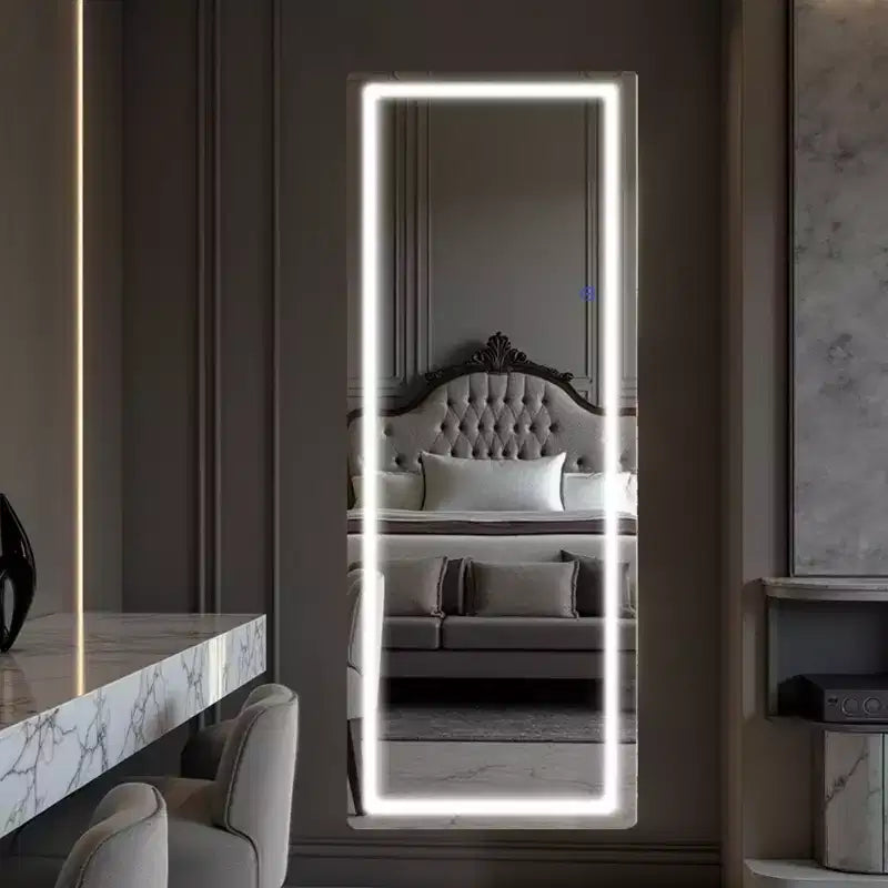 MAYEERTY Full Body Rectangle Corner Aluminum Alloy Framless Rounded Mirror with Stand for Living Room Bedroom White