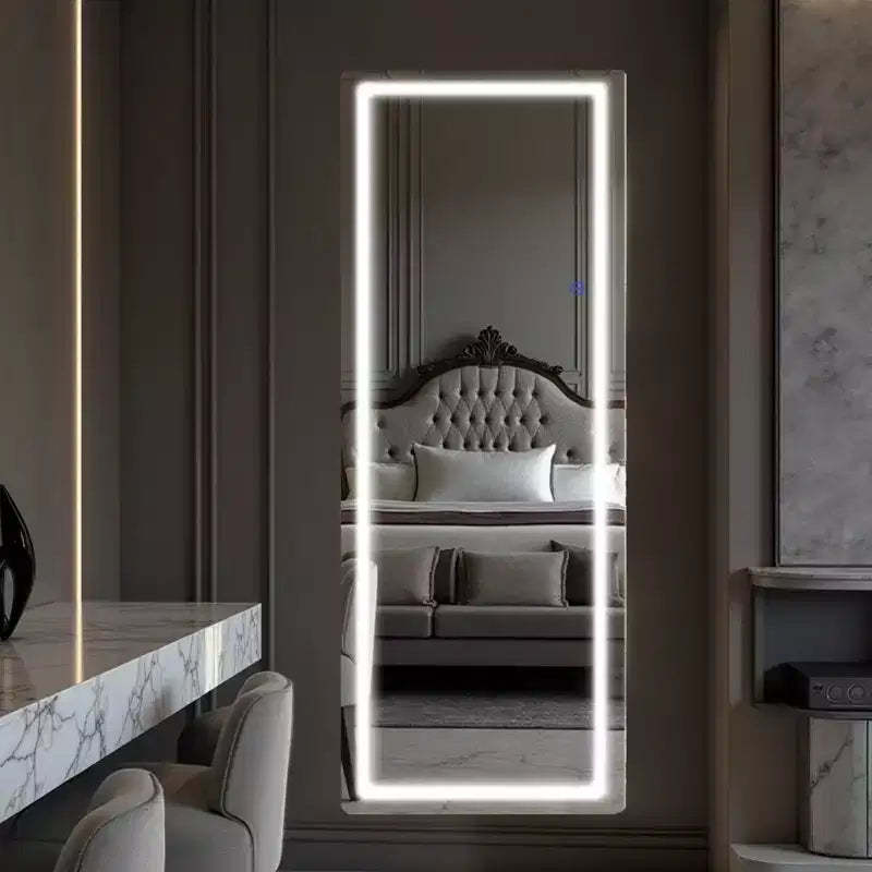 MAYEERTY Full Body Rectangle Corner Aluminum Alloy Framless Rounded Mirror with Stand for Living Room Bedroom White