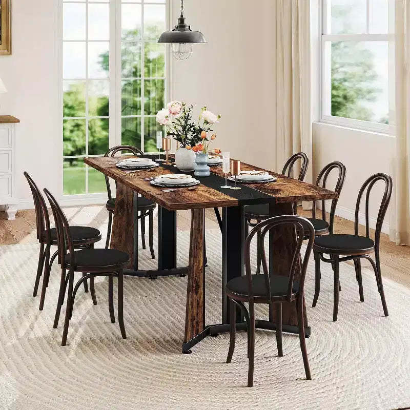 Zevemomo 70.9 Large Dining Table for 8, Wood Dining,with Spacious Tabletop & V-Shaped Steel Base, 8 Adjustable Legs for Kitchen, Office-Rustic Brown