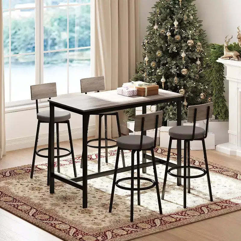 Zevemomo Dining Table Set for 4, 5-Piece Bar Table Set,Counter Height High Top Table with 4 PU Upholstered Stools, for Small Space, Gray